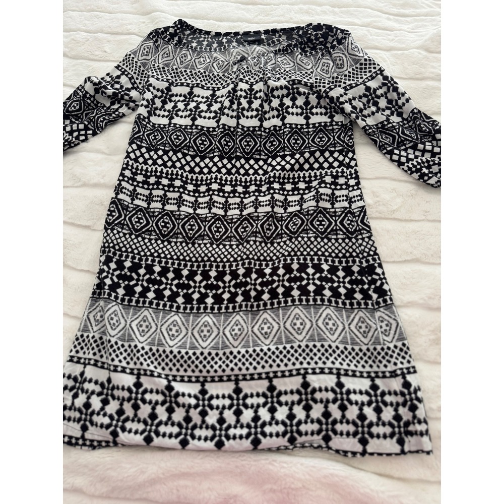 Mossimo Black White Tribal Geometric Shift Dress 3/4 Sleeve Boho Small - Picture 6 of 9